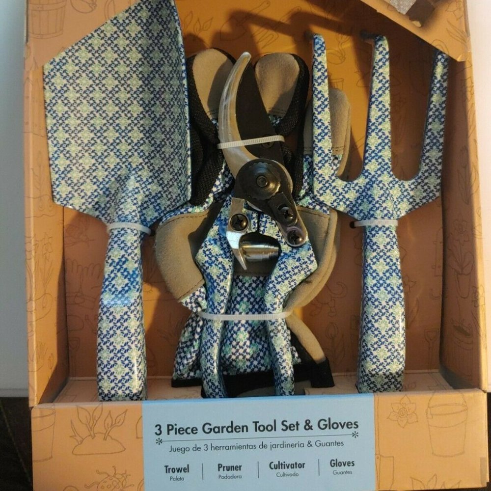 Essentials 3-piece Garden Tools Set Bonus Gloves Trowel, Pruner, Cultivator New
